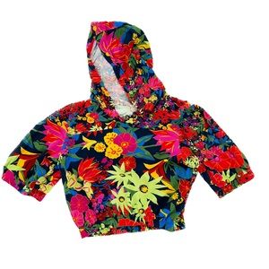 Sorella Floral Cropped Hooded Short Sleeve Boho Blouse Size Large